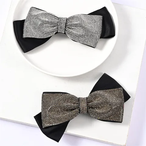 Fermaglio per Capelli a Fiocco Vintage da Donna in Satin Nero con Strass e Cristalli Clip a Molla Elegante Accessorio