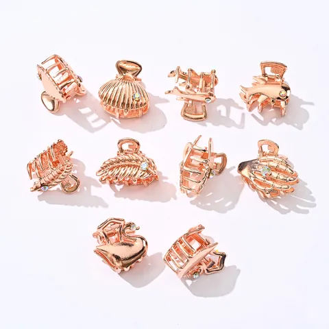 Small Metal Alloy Mini Hair Claw Clips Rose Gold Plated Rhinestone Dolphin Swan Shell Leaf Skull Hand Shaped Hair Accessories For Women