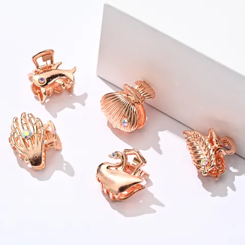 Small Metal Alloy Mini Hair Claw Clips Rose Gold Plated Rhinestone Dolphin Swan Shell Leaf Skull Hand Shaped Hair Accessories For Women