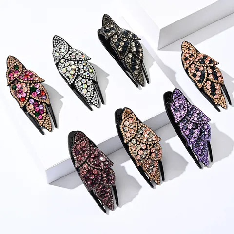 Korean Elegant Shining Rhinestone Leaf Hair Claw Clip Plastic Swallowtail Hairpin Sparkling Headwear For Banquet Party Women Jewelry