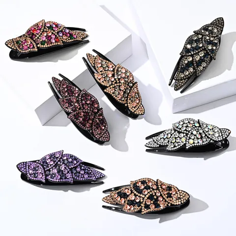 Korean Elegant Shining Rhinestone Leaf Hair Claw Clip Plastic Swallowtail Hairpin Sparkling Headwear For Banquet Party Women Jewelry