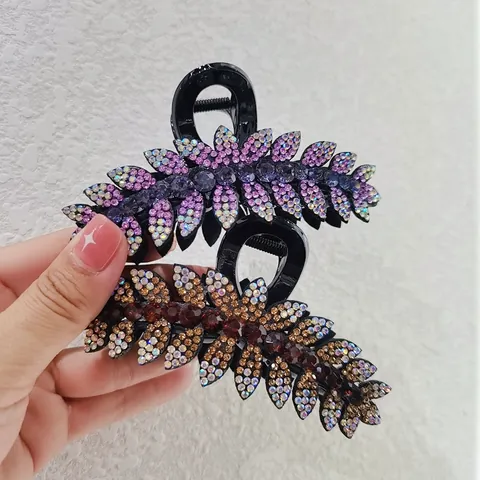Full Rhinestone Leaf Shape Hair Claw Clip For Women Resin Sparkly Large Hair Clamp For Updo Styling Accessories Luxurious Elegant