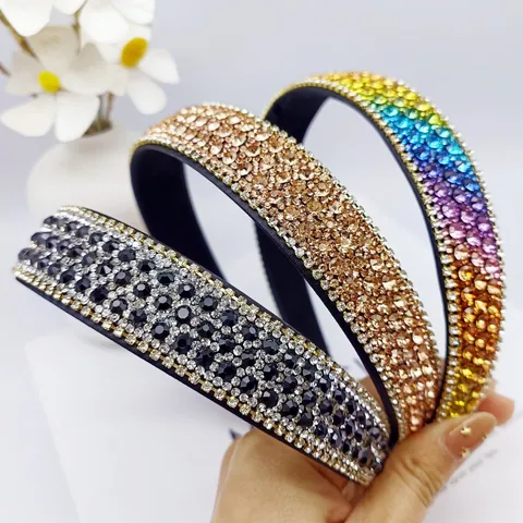 Vintage Luxury Rhinestone Padded Headband For Women Wide Chain Edge Sparkling Crystal Hair Hoop Wedding Party Hair Accessory