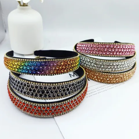 Vintage Luxury Rhinestone Padded Headband For Women Wide Chain Edge Sparkling Crystal Hair Hoop Wedding Party Hair Accessory