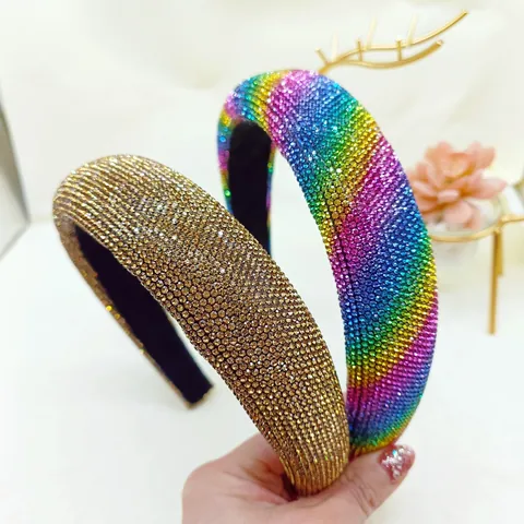 Wide Padded Rhinestone Headband For Women Korean Fashion Glitter Crystal Hair Band Thick Sponge Hair Hoop Accessory