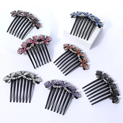 Luxury Rhinestone Butterfly Flower Hair Comb Multi-Prong Plastic Resin Hair Bun Clip Elegant Sparkling Headpiece For Women