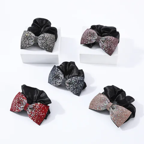 Scrunchie per Capelli con Fiocco in Strass per Donna Elastico di Lusso in Raso Fermacapelli Brillante per Festa Quotidiana