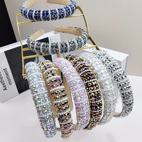 Baroque Padded Headband Rhinestone Faux Artificial Pearl Thick Sponge Hair Band Vintage Elegant Women Fashion Hair Accessories