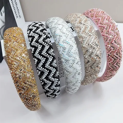 Handmade Beaded Sequin Padded Wide Headband Geometric Wave Pattern Fashion Vintage Hair Accessory For Women Party Hair Hoop
