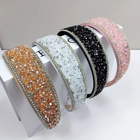 Luxurious Wide Padded Rhinestone Headband Elegant Artificial Crystal Beaded Hair Band With Metal Chain For Wedding Party