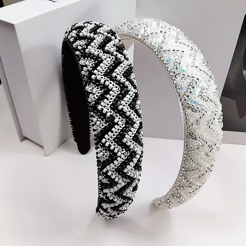 Handmade Beaded Sequin Padded Wide Headband Geometric Wave Pattern Fashion Vintage Hair Accessory For Women Party Hair Hoop