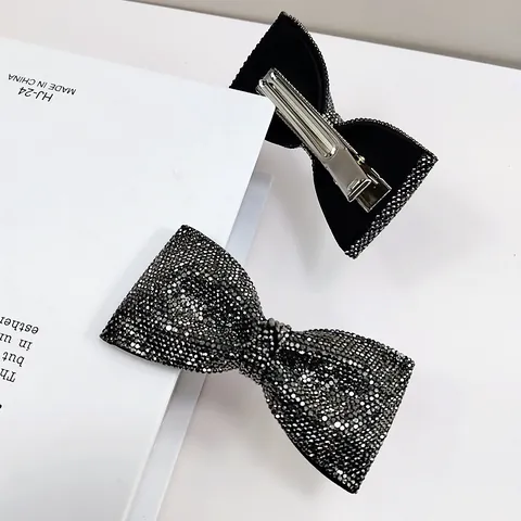Luxus Schwarz Schleife Strass Haarklammer Eleganter Legierung Entenschnabel Clip Für Damen Süß Mode Haar Accessoires Funkelnd