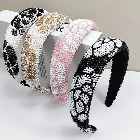 Baroque Handmade Beaded Wide Headband For Women Vintage Floral Leopard Print High Top Sponge Hair Band Fashion Hair Accessories