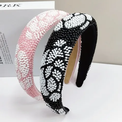 Baroque Handmade Beaded Wide Headband For Women Vintage Floral Leopard Print High Top Sponge Hair Band Fashion Hair Accessories