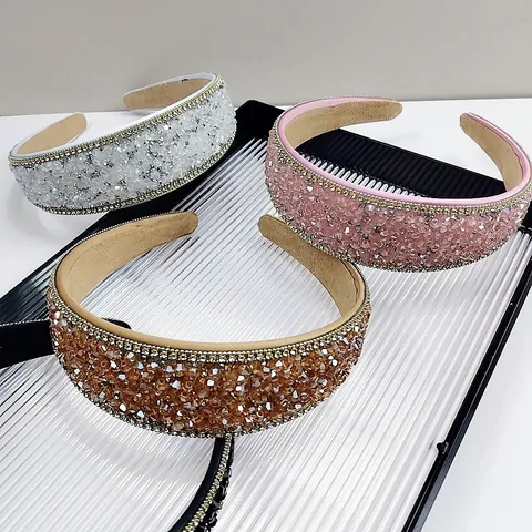 Luxurious Wide Padded Rhinestone Headband Elegant Artificial Crystal Beaded Hair Band With Metal Chain For Wedding Party