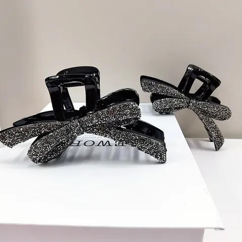 Elegante Molla per Capelli a Fiocco Con Strass Grigi Scintillanti Resina Nera Lucida Grande Clip a Squalo Accessori Moda Donna