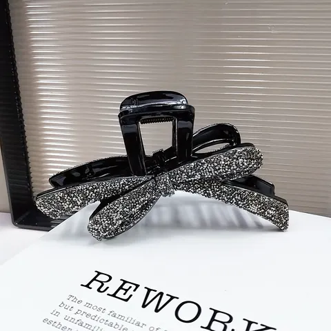 Elegante Molla per Capelli a Fiocco Con Strass Grigi Scintillanti Resina Nera Lucida Grande Clip a Squalo Accessori Moda Donna