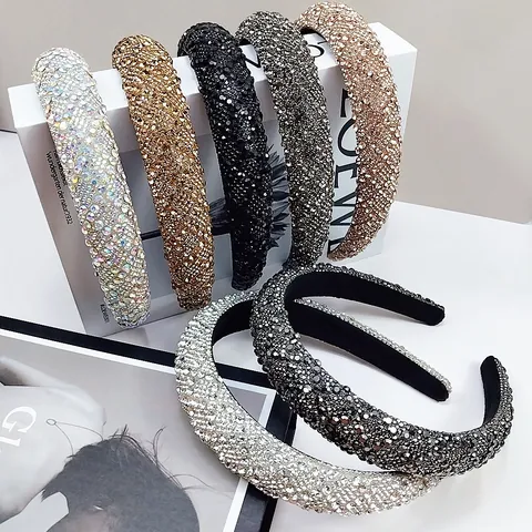 Diadema Acolchada de Strass de Lujo Cristal Brillante Banda de Pelo Ancha Accesorio de Fiesta Boda Moda Tocado de Esponja Vintage para Mujer