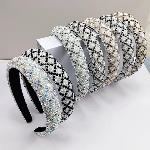 Diadema Acolchada de Lujo con Rhinestone y Perla Artificial de Imitación Mujer Vintage Rombo Banda para Cabello Elegante Boda Accesorios