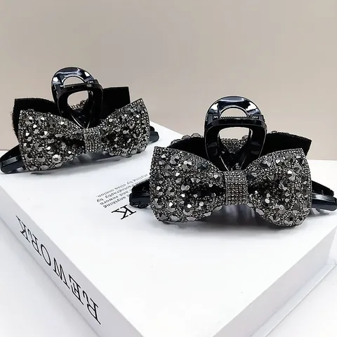 Eleganter Großer Schleifen Haarkralle Clip Für Damen Glänzende Strass Schwarz Kunststoff Haarklammer Mode Haarschmuck
