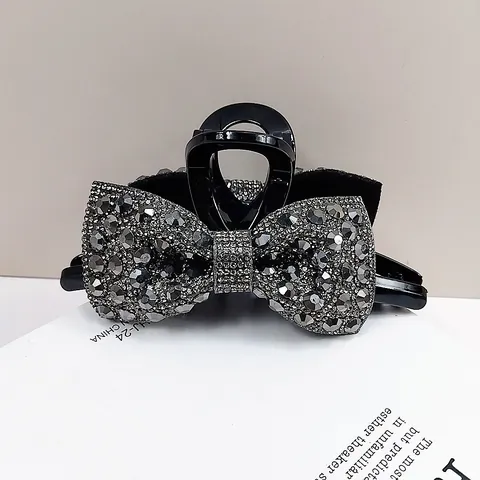 Eleganter Großer Schleifen Haarkralle Clip Für Damen Glänzende Strass Schwarz Kunststoff Haarklammer Mode Haarschmuck