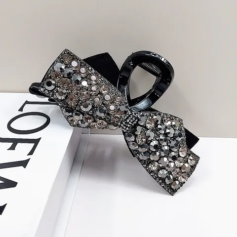 Elegant Large Rhinestone Bow Hair Claw Clip Black Acrylic Shark Clip Fashion Sparkling Hair Accessories For Women Party