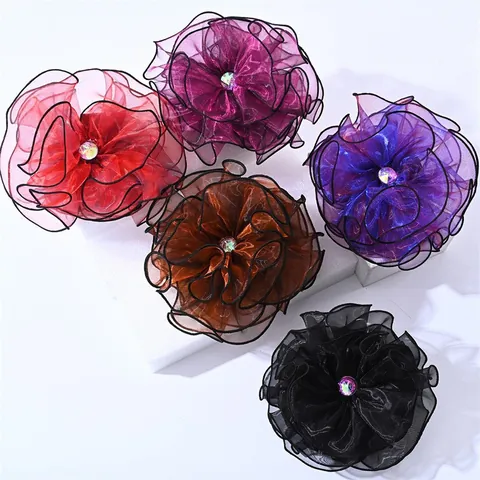 Grande Pince à Cheveux Fleur en Organza Élégante Strass Floral Accessoires Cheveux pour Femmes Coiffure en Gaze à la Mode