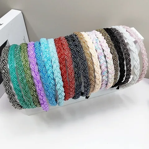 Diadema Trenzada de Mostacillas Hecha a Mano Moda Simple Cristal Cuentas Diadema para Mujer Accesorios para el Cabello