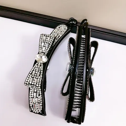 Koreaanse Mode Elegant Kristallen Strik Bananenclip Grote Strass Haarklauw Voor Dames Fonkelende Haaraccessoires