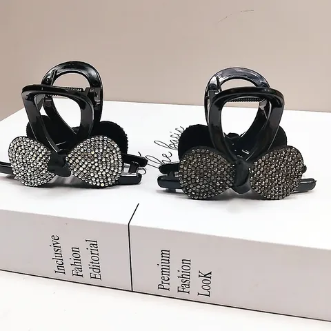 Luxury Rhinestone Bow Hair Claw Clip For Women Korean Style Black Resin Bowknot Shark Clip Fashion Hair Accessory