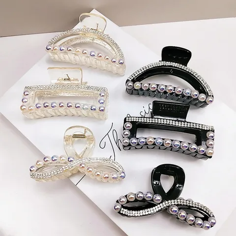 Elegant Rhinestone Faux Artificial Pearl Hair Claw Clip Geometric Square Semi Circle Shark Clip Hair Accessories For Women Hair Styling