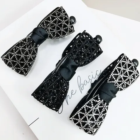 Elegante Pinza de Plátano con Lazo de Strass Garra para el Cabello Geométrica Hueca Clip Vertical Accesorio de Moda Mujer