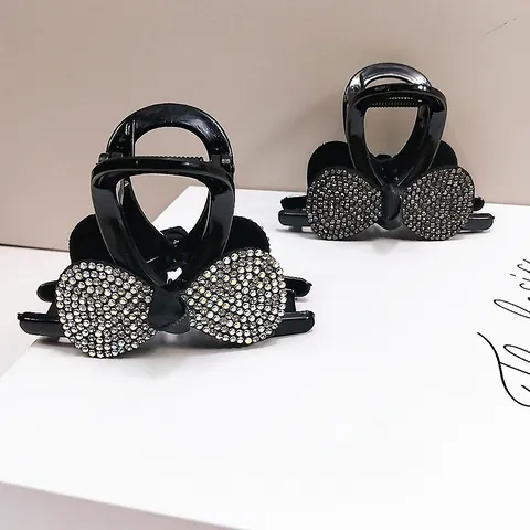 Luxury Rhinestone Bow Hair Claw Clip For Women Korean Style Black Resin Bowknot Shark Clip Fashion Hair Accessory