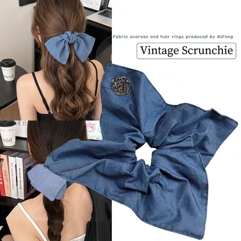 Elastico per Capelli Grande in Denim Stile Coreano per Donna Decorazione Floreale con Strass Quadrato Geometrico Accessori
