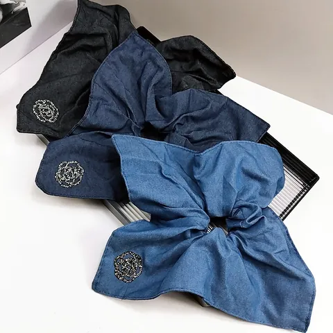 Elastico per Capelli Grande in Denim Stile Coreano per Donna Decorazione Floreale con Strass Quadrato Geometrico Accessori