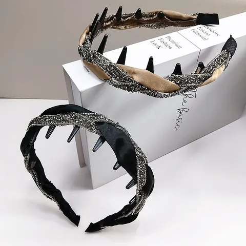 Luxury Satin Twisted Rhinestone Headband With Anti-Slip Hair Comb Teeth Fashion Woven Hair Hoop For Women Daily Headwear