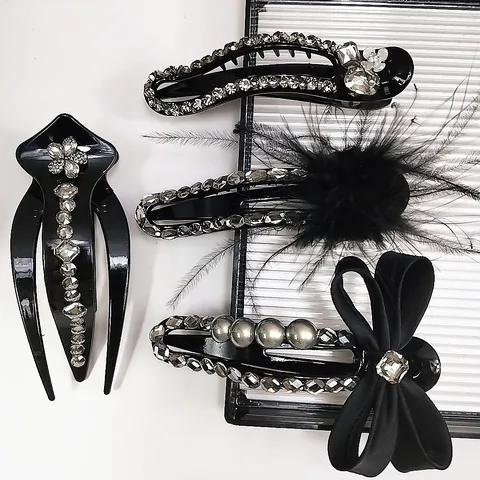 Elegant Plastic Rhinestone Artificial Pearl Hair Clips Luxury French Bowknot Feather Lazy Hair Claw For Women Party Daily Headwear
