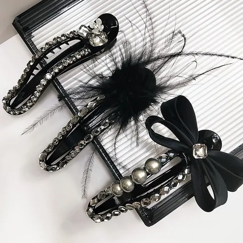 Vintage Black Bow Hair Clip Rhinestone Faux Artificial Pearl Feather Decor Duckbill Clip Elegant Hair Accessory For Women Party