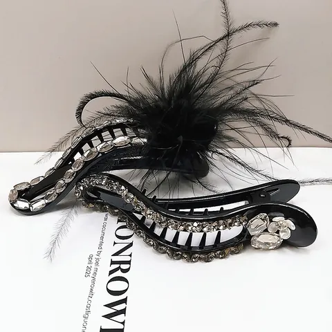 Vintage Black Bow Hair Clip Rhinestone Faux Artificial Pearl Feather Decor Duckbill Clip Elegant Hair Accessory For Women Party