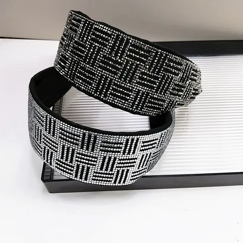 Luxury Full Rhinestone Wide Headband For Women Elegant Grid Pattern Hair Band Fashion Headwear Wedding Party Hair Accessories