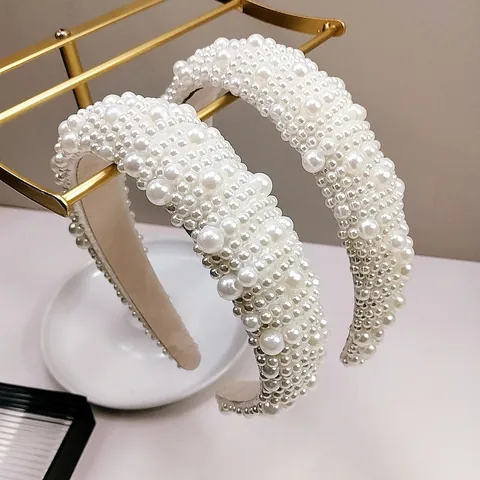 Baroque Fashion Padded Artificial Pearl Headband For Women Wide Sponge Hair Hoop Elegant Hair Accessories Wedding Party Headpiece