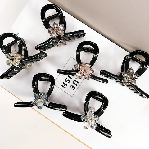Fermaglio per Capelli Donna Elegante Con Decorazione Floreale in Cristallo Stile Coreano Pinza in Plastica Nera per Styling Quotidiano