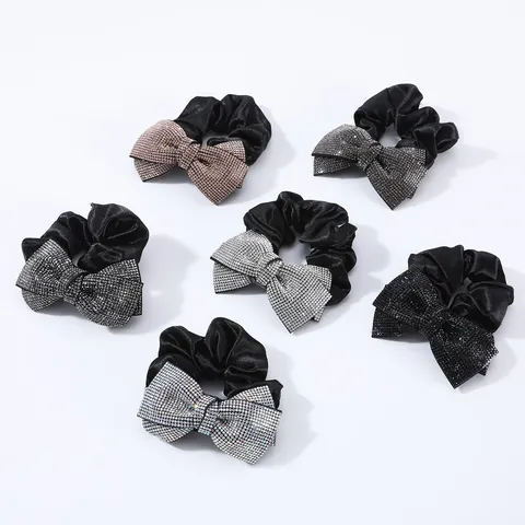 Rhinestone Bow Black Satin Scrunchie Sparkling Bowknot Elastic Hair Band Elegant Large Hair Tie For Women Girls Daily Party Accessories