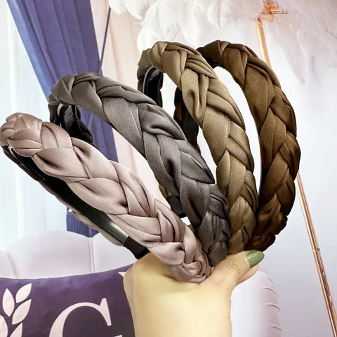 Elegant Braided Satin Headband For Women High Skull Top Twisted Hair Band Solid Color Non-Slip Hair Hoop Fashion Accessories