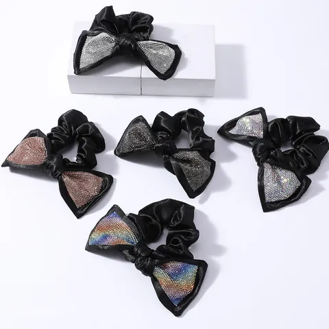 Coletero de Satén con Lazo y Diamantes de Imitación Atadura para el Pelo Negra Efecto Seda Accesorios de Cristal Brillante para Mujer