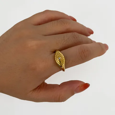 Vintage Stainless Steel Evil Eye Ring For Women 18K Gold Plated Rhinestone Inlaid Signet Ring Bohemian Fashion Jewelry Gift
