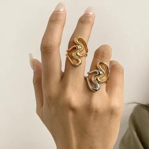 Wave Hollow Ring Abstract Fluid Design 304 Stainless Steel Vacuum Gold Plated Hypoallergenic Fashion Jewelry For Men Women