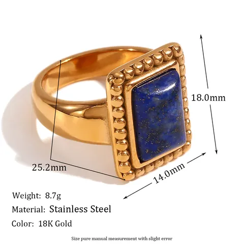 Vintage Rectangle Lapis Lazuli Ring Earrings 316L Stainless Steel 18K Gold Plated Beaded Edge Jewelry For Women