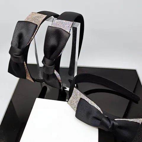 Women Black Satin Bow Rhinestone Headband Elegant Sparkling Ribbon Knot Hair Band Party Wedding Hair Accessories For Ladies
