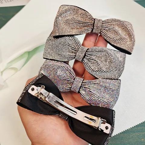 Luxury Bowknot Full Rhinestone Hair Clip Elegant Satin Fabric Spring Clip For Women Korean Style Hair Accessories Jewelry